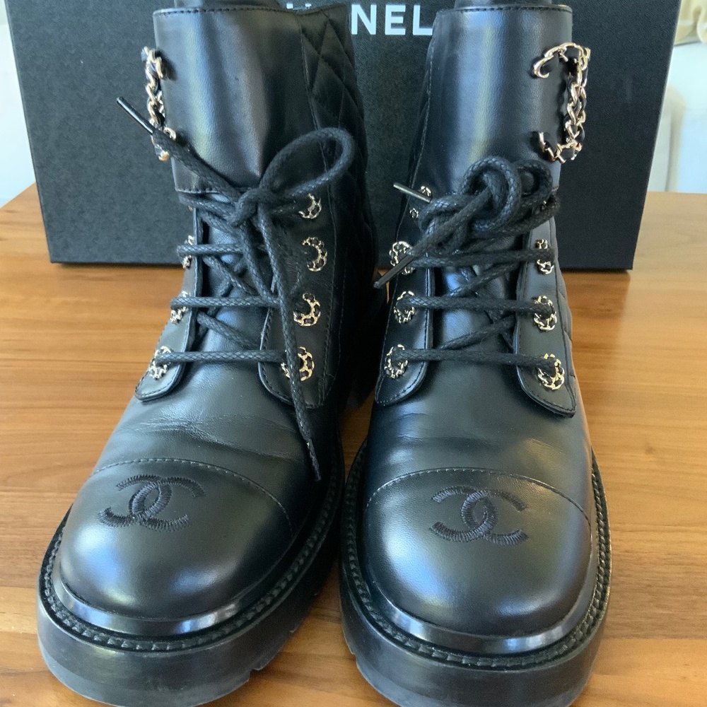 Chanel Quilted Combat Boots in Size 36.5 with Box & Dust bags.